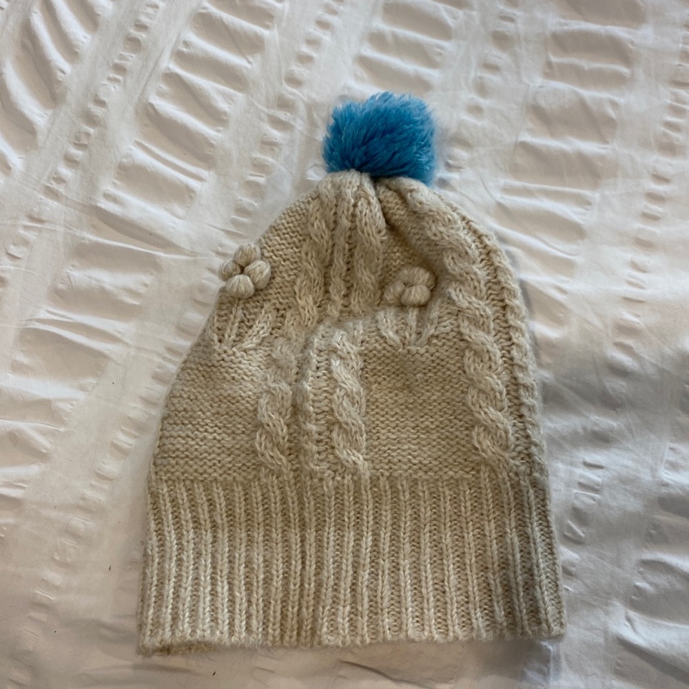 Boden Cream Colored Hat with Blue PomPom